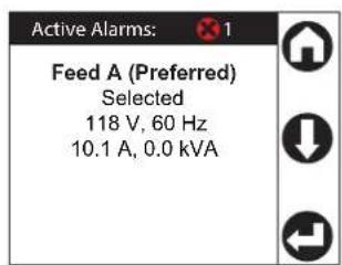 Active Alarms: Feed A (Preferred) Selected 118 V, 60 Hz 10.1 A, 0.0 kVA