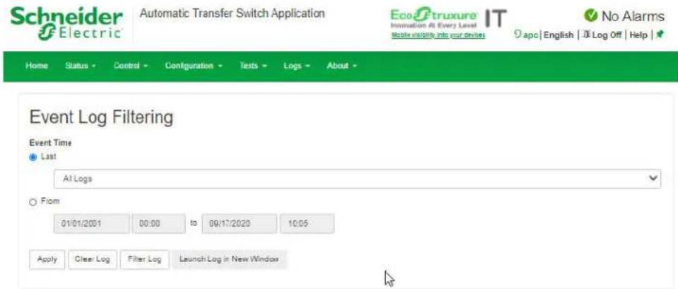 Schneider Electric Automatic Transfer Switch Application EcoTruxure IT Innovation At Every Level Mobile visibility into your devices Home Status Control Configuration Tests Logs About - Event Log Filtering Event Time List All Logs From 01/01/2001 00:00 to 09/17/2020 10:05 Apply Clear Log Filter Log Launch Log in New Window