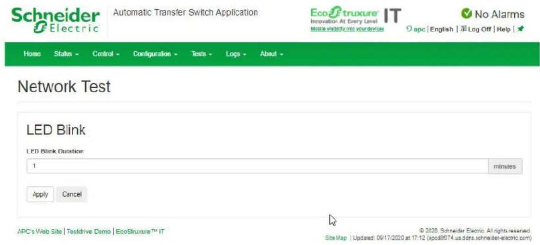 Schneider Electric Automatic Transfer Switch Application EcoTruxure IT Innovation At Every Level Mobile viability into your device No Alarms apc | English | Log Off | Help | Home States Control Configuration Tests Logs About Network Test LED Blink LED Blink Duration 1 minutes Apply Cancel APC's Web Site | Testdrive Demo | EcoStruxure™ IT © 2020, Schneider Electric. All rights reserved. Site Map | Updated: 09/17/2020 at 17:12 (apcd8674.us ddns.schneider-electric.com)