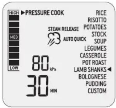 HIGH MEDI LOW PRESSURE COOK STEAM RELEASE AUTO QUICK 80 kPa 30 MIN RICE RISOTTO POTATOES STOCK SOUP LEGUMES CASSEROLE POT ROAST LAMB SHANKS BOLOGNESE PUDDING CUSTOM
