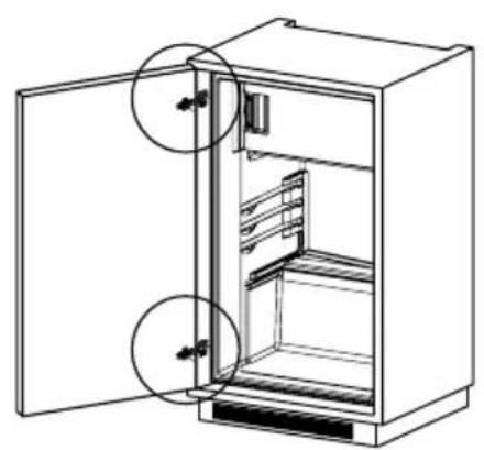 Line drawing of an open refrigerator with doors open, showing internal compartments and ventilation slots (no text or labels)