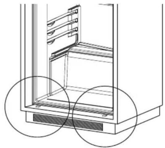 Technical line drawing of a cabinet or enclosure with two circular annotations highlighting interior components (no text or symbols present)