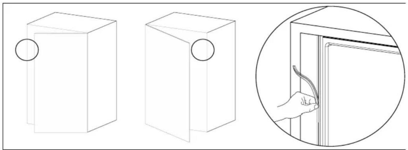 Three technical line drawings showing 3D box designs and a close-up of a hand holding a tool near a door (no text or symbols)