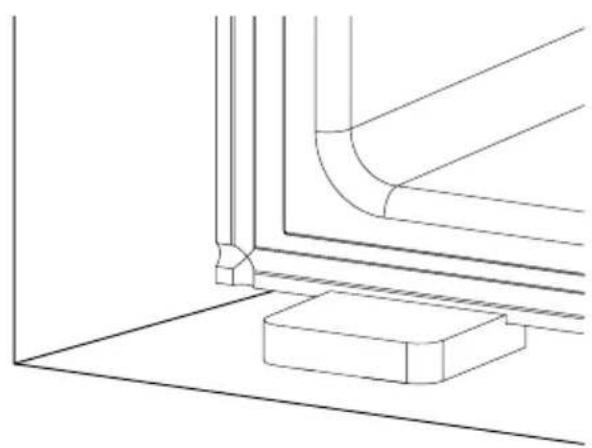 Technical line drawing of a corner bracket and base plate assembly (no text or symbols)