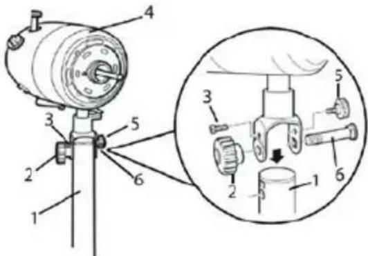 Technical diagram of a mechanical device with numbered components and an inset view showing internal parts.