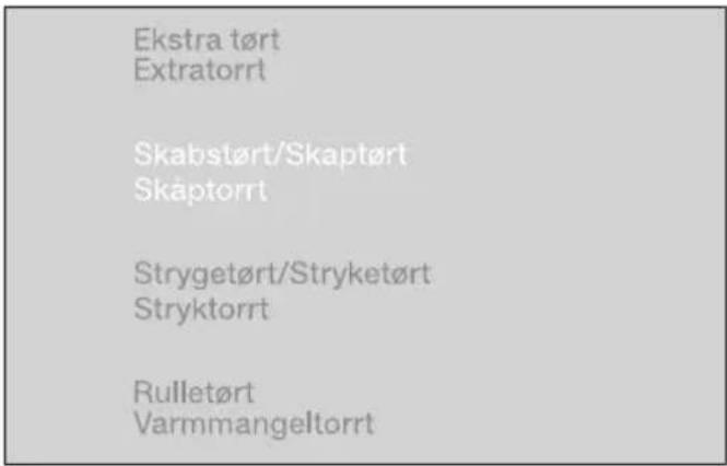 Ekstra tört Extratorrt Skabstört/Skaptört Skåptorrt Strygetört/Stryketört Stryktorrt Rulletört Varmmangeltorrt
