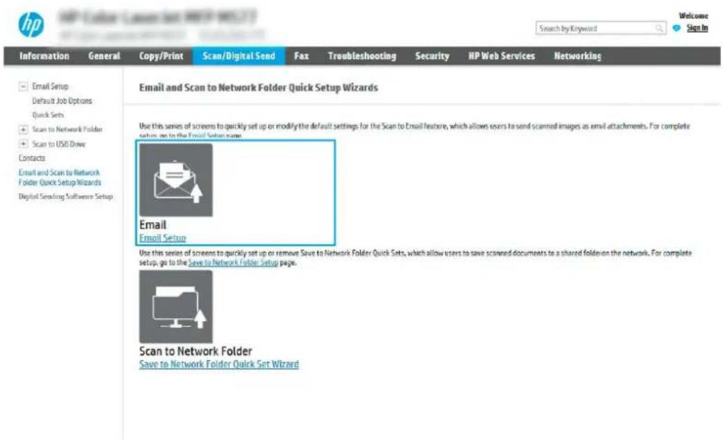 HP Search by Keyword Welcome Sign In Information General Copy/Print Scan/Digital Send Fax Troubleshooting Security HP Web Services Networking Email and Scan to Network Folder Quick Setup Wizards Use this series of screens to quickly set up or modify the default settings for the Scan to Email feature, which allows users to send scanned images as email attachments. For complete setup, go to the Email Setup name. Email Email Setup Use this series of screens to quickly set up or remove Save to Network Folder Quick Sets, which allow users to save scanned documents to a shared folder on the network. For complete setup, go to the Save to Network Folder Setup page. Scan to Network Folder Save to Network Folder Quick Set Wizard