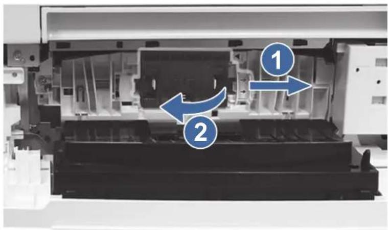 Diagram of a printer internal structure with numbered arrows indicating process flow or movement, labeled 1 and 2.