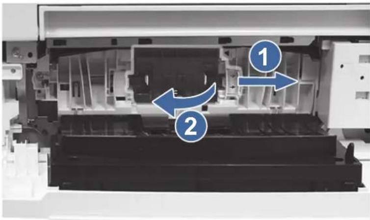 Diagram of a printer internal structure with numbered arrows indicating process flow or movement, labeled 1 and 2.