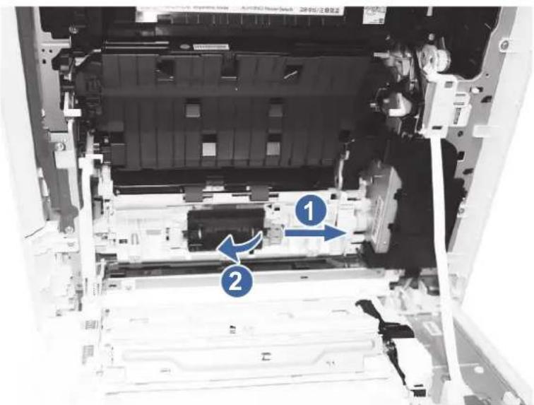 Technical diagram of a printer internal structure with numbered annotations indicating components and assembly steps