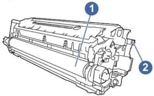 Technical diagram of a printer with numbered parts labeled 1 and 2