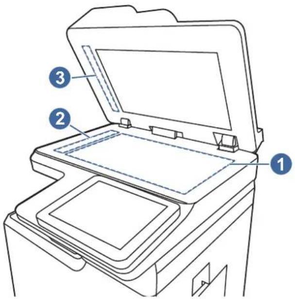 Technical diagram of a printer or scanner with labeled parts 1, 2, and 3 indicating different components.