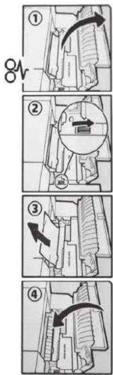 Technical diagram showing four steps of a mechanical assembly or assembly process with numbered instructions and directional arrows.