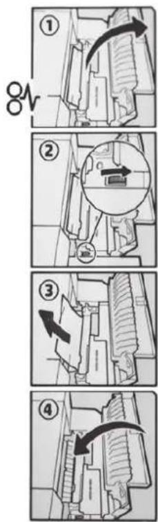 Technical diagram showing four-step assembly steps with arrows indicating motion and direction of a mechanical component.