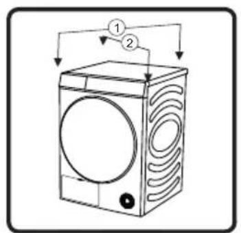 Diagram of a washing machine with labeled parts and airflow direction arrows