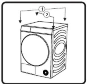 Diagram of a washing machine with labeled parts and airflow direction arrows