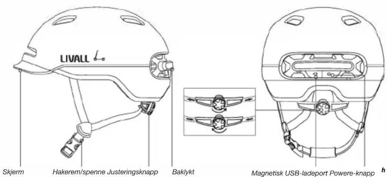LIVALL Skjerm Hakerem/spenne Justeringsknapp Baklykt Magnetisk USB-ladeport Powere-knapp h