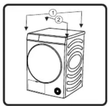 Diagram of a washing machine with labeled parts and airflow direction arrows