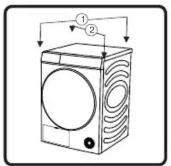 Diagram of a washing machine with labeled parts and airflow indicators