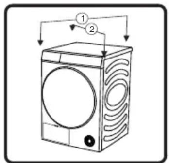 Diagram of a washing machine with labeled parts and airflow direction arrows
