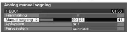 Analog manuel sogning 1 BBC1 CH33 Finndstelling Manuel sogning 2 99 21 41 Lydsystem SCT Farvsystem Automatisk
