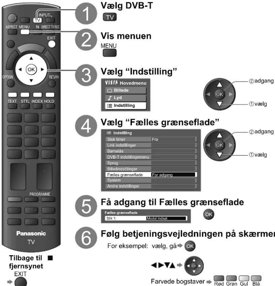 Vælg DVB-T TV 1 2 Vis menuen MENU 3 Vælg "Indstilling" Vierra Hovedmenu Billede Lyd Indstilling ②adgang OK ①vælg 4 Vælg "Fælles grænseflade" Indstilling Sluk timer Fra Link indstillinger Børnelås DVB-T indstillingsmenu Sprog Billedindstillinger Fælles grænseflade For adgang System Andre indstillinger 5 Få adgang til Fælles grænseflade Fælles grænseflade Stik 1: Modul indsat OK 6 Følg betjeningsvejledningen på skærmer For eksempel: vælg, gå OK Farvede bogstaver Rød Grøn Gul Blå Tilbage til fjernsynet EXIT