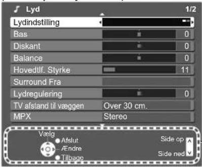 Lyd Lydindstilling Bas Diskant Balance Hovedlif. Styrke Surround Fra Lydregulering TV afstand til væggen Over 30 cm. MPX Stereo Vælg • Afslut • Endre • Tilbage Side op Side ned