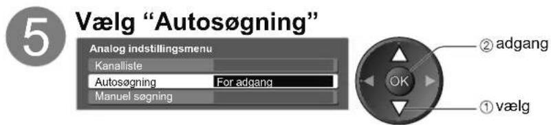 5 Vælg "Autosøgning" Analog indstillingsmenu Kanalliste Autosøgning For adgang Manuel søgning ② adgang OK ① vælg