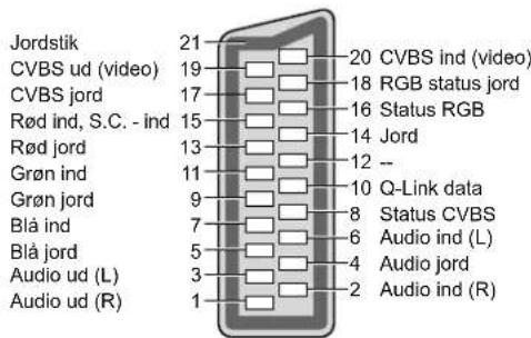 Jordstik 21 CVBS ud (video) 19 CVBS jord 17 Rød ind, S.C. - ind 15 Rød jord 13 Grøn ind 11 Grøn jord 9 Blå ind 7 Blå jord 5 Audio ud (L) 3 Audio ud (R) 1 20 CVBS ind (video) 18 RGB status jord 16 Status RGB 14 Jord 12 -- 10 Q-Link data 8 Status CVBS 6 Audio ind (L) 4 Audio jord 2 Audio ind (R)