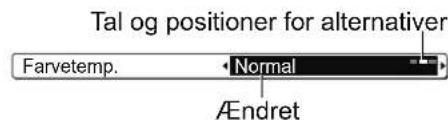 Tal og positioner for alternativer Farvetemp. Normal Ændret