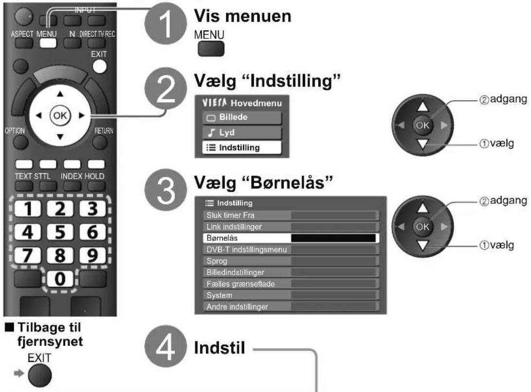 1 Vis menu ASPECT MENU N DIRECT TV REC EXIT OPTION RETURN TEXT STTL INDEX HOLD 1 2 3 4 5 6 7 8 9 0 ■ Tilbage til fjernsynet EXIT 2 Vælg "Indstilling" VIEFA Hovedmenu Billede Lyd ≡ Indstilling 3 Vælg "Børnelås" ≡ Indstilling Sluk timer Fra Link indstillinger Børnelås DVB-T indstillingsmenu Sprog Billedindstillinger Fælles grænseflade System Andre indstillinger 4 Indstil ②adgang ①vælg ②adgang ①vælg