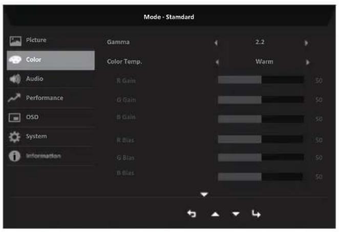 Mode - Standard Picture Color Audio Performance DSD System Information Gamma 2.2 Color Temp. Warm R Gain 50 G Gain 50 B Gain 50 R Bias 50 G Bias 50 B Bias 50