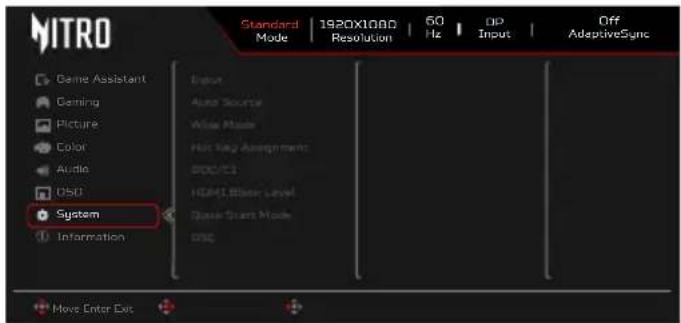 MITRO Standard Mode | 1920X1000 Resolution | 60 Hz | DP Input | Off AdaptiveSync Game Assistant Gaining Picture Color Audio O5D System Information Input Auto Source Wide Mode Run Max Assignments 800/13 HDMI, Bitter Level Quick Start Mode ONC Move Enter Exc