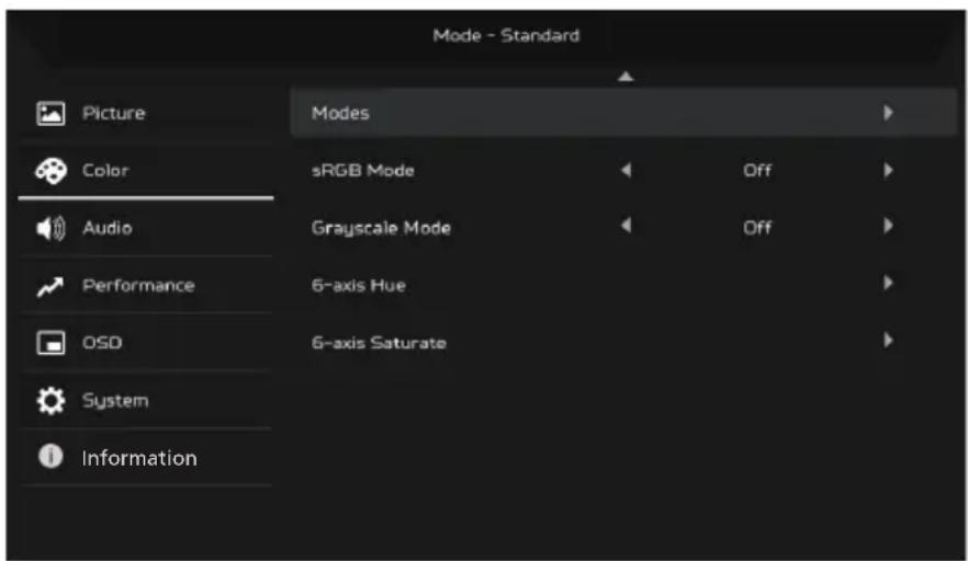 Mode - Standard Picture Color Audio Performance OSD System Information Modes sRGB Mode Grayscale Mode 6-axis Hue 6-axis Saturate