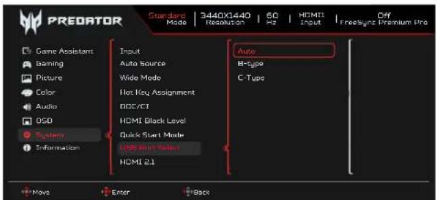 PREDATOR Standard Mode | 3440X1440 Resolution | 60 Hz | HDMI Input | HOMI Input Mode | Home Auto B-type C-type Game Assistant Gaming Picture Color Audio OSO System Information Home Black Level Quick Start Mode USB Short Select HDMI 2.1 Move Enter Back