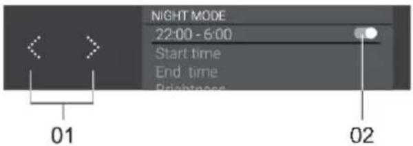 NIGHT MODE 22:00 - 6:00 Start time End time Brightness 01 02