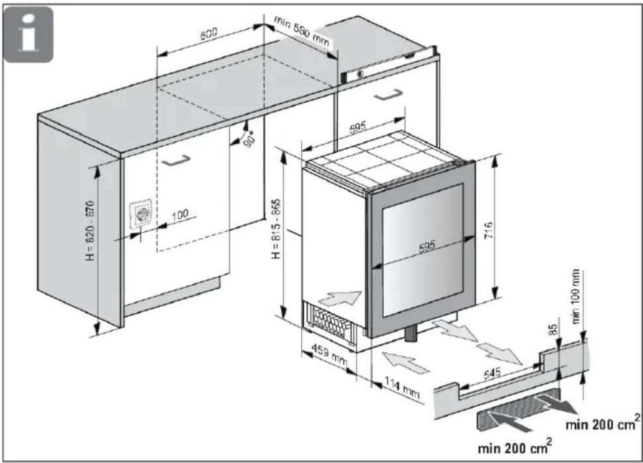 600 min 580 mm 90° H = 820 - 670 100 H = 815 - 665 595 595 716 459 mm 114 mm 545 min 100 mm 85 min 200 cm² min 200 cm²