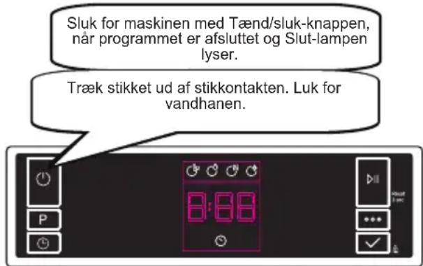 Sluk for maskinen med Tænd/sluk-knappen, når programmet er afsluttet og Slut-lampen lyser. Træk stikket ud af stikkontakten. Luk for vandhanen.