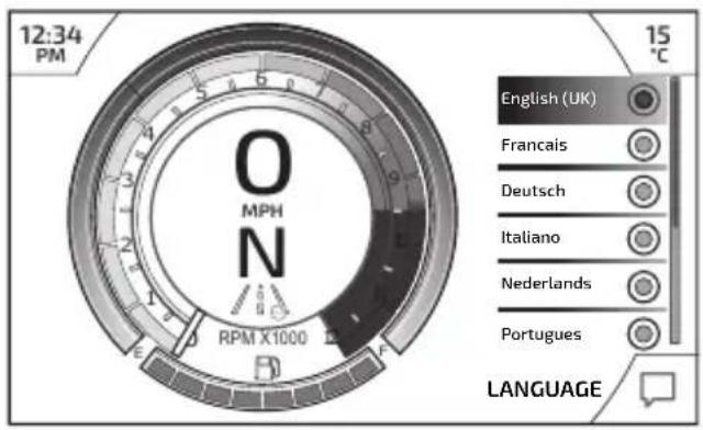 12:34 PM O MPH N RPM X1000 15 °C English (UK) Francais Deutsch Italiano Nederlands Portugues LANGUAGE
