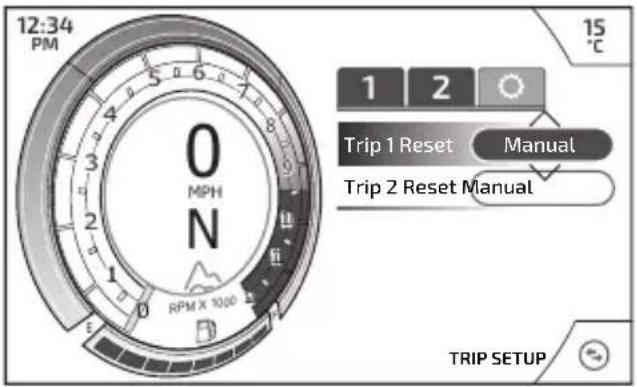 12:34 PM 0 MPH N RPM X 1000 15°C 1 2 Trip 1 Reset Manual Trip 2 Reset Manual TRIP SETUP