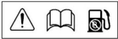 Warning symbols and icons: warning triangle, open book, and fuel pump with a license symbol