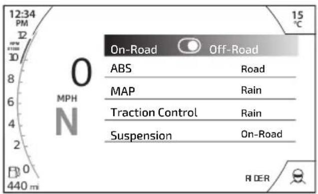 12:34 PM 12 8 6 4 2 0 440 mi On-Road Off-Road ABS Road MAP Rain Traction Control Rain Suspension On-Road RIDER