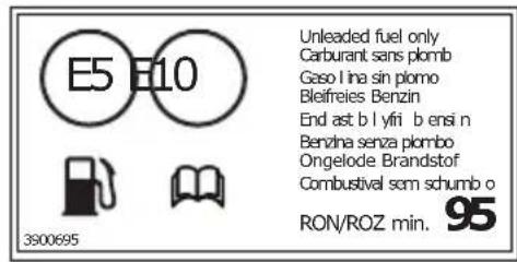 E5 E10 3800695 Unleaded fuel only Carburant sans plomb Gaso l'ina sin plomo Bleifreies Benzin End ast b l yfi b ensi n Benzina senza plombo Ongelode Brandstof Combustival sem schumb o RON/ROZ min. 95