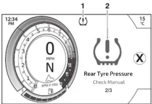 12:34 PM 0 MPH N RPM X 1000 1 2 15 ℃ Rear Tyre Pressure Check Manual 2/3