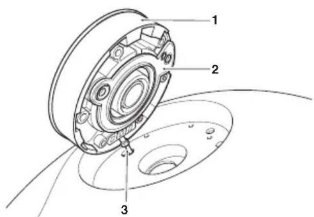 Technical diagram of a mechanical component with numbered parts labeled 1, 2, and 3