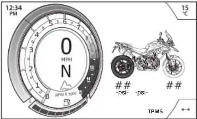 12:34 PM 0 MPH N RPM X 1000 E 15 °C ## -psi- -psi- ## TPMS