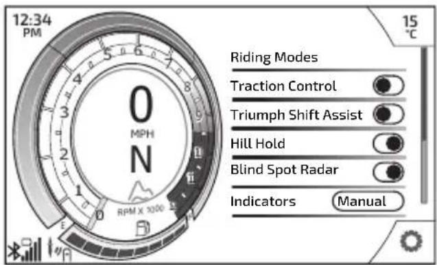 12:34 PM RPM X 1000 15 °C Riding Modes Traction Control Triumph Shift Assist Hill Hold Blind Spot Radar Indicators Manual