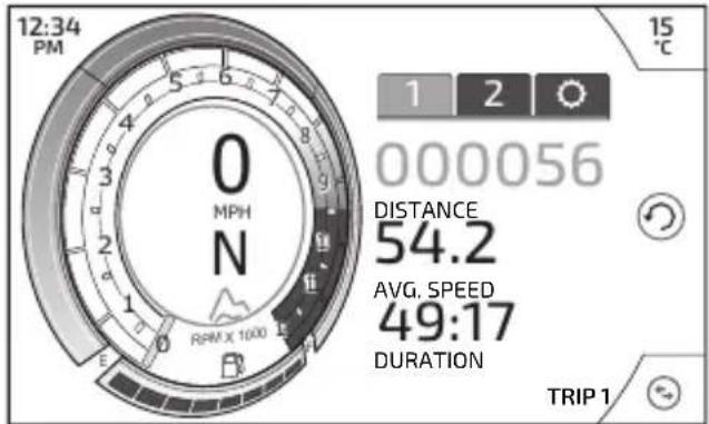 12:34 PM 0 MPH N RPM X 1000 1 2 15 °C 000056 DISTANCE 54.2 AVG. SPEED 49:17 DURATION TRIP 1