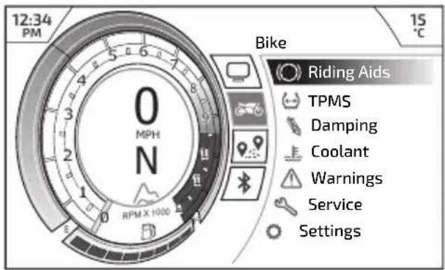 12:34 PM Bike 15 °C 0 MPH N RPM X 1000 Riding Aids TPMS Damping Coolant Warnings Service Settings