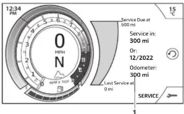 12:34 PM 0 MPH N RPM X 1000 Service Due at 600 mi Service in: 300 mi Or: 12/2022 Odometer: 300 mi Last Service at 0 mi SERVICE 15 °C